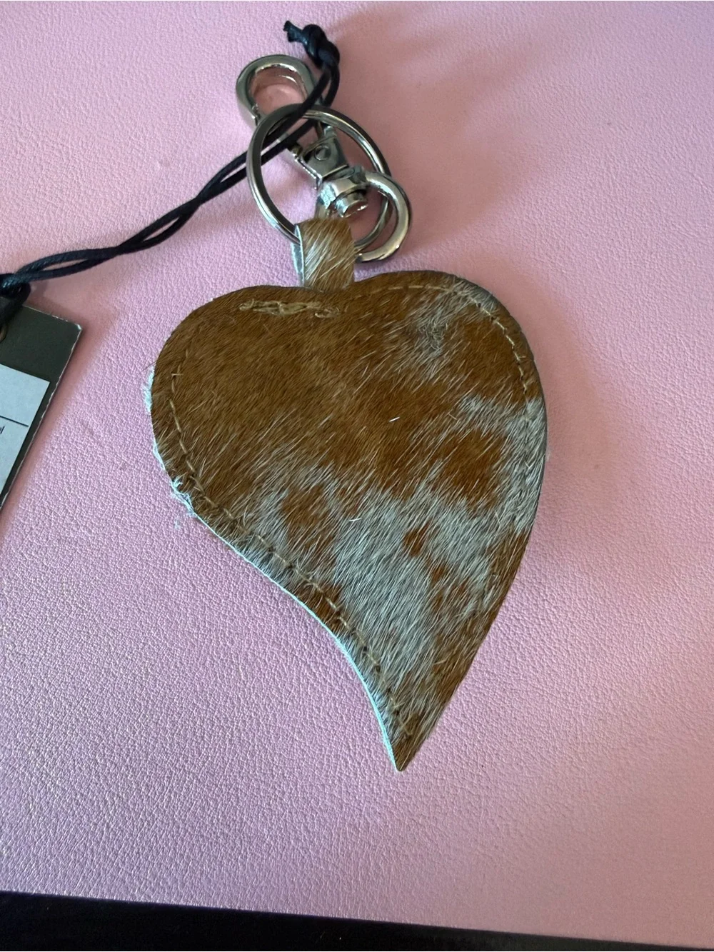 Myra Bag Brown Hair-on Leather Heart Keychain with Turquoise Accent